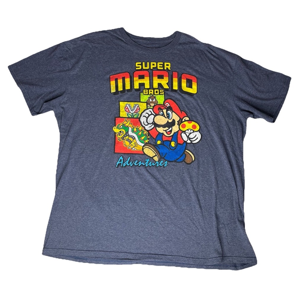 Super Mario Bros Adventures Shirt Men's 2XL Blue Nintendo Graphic Tee Bowser